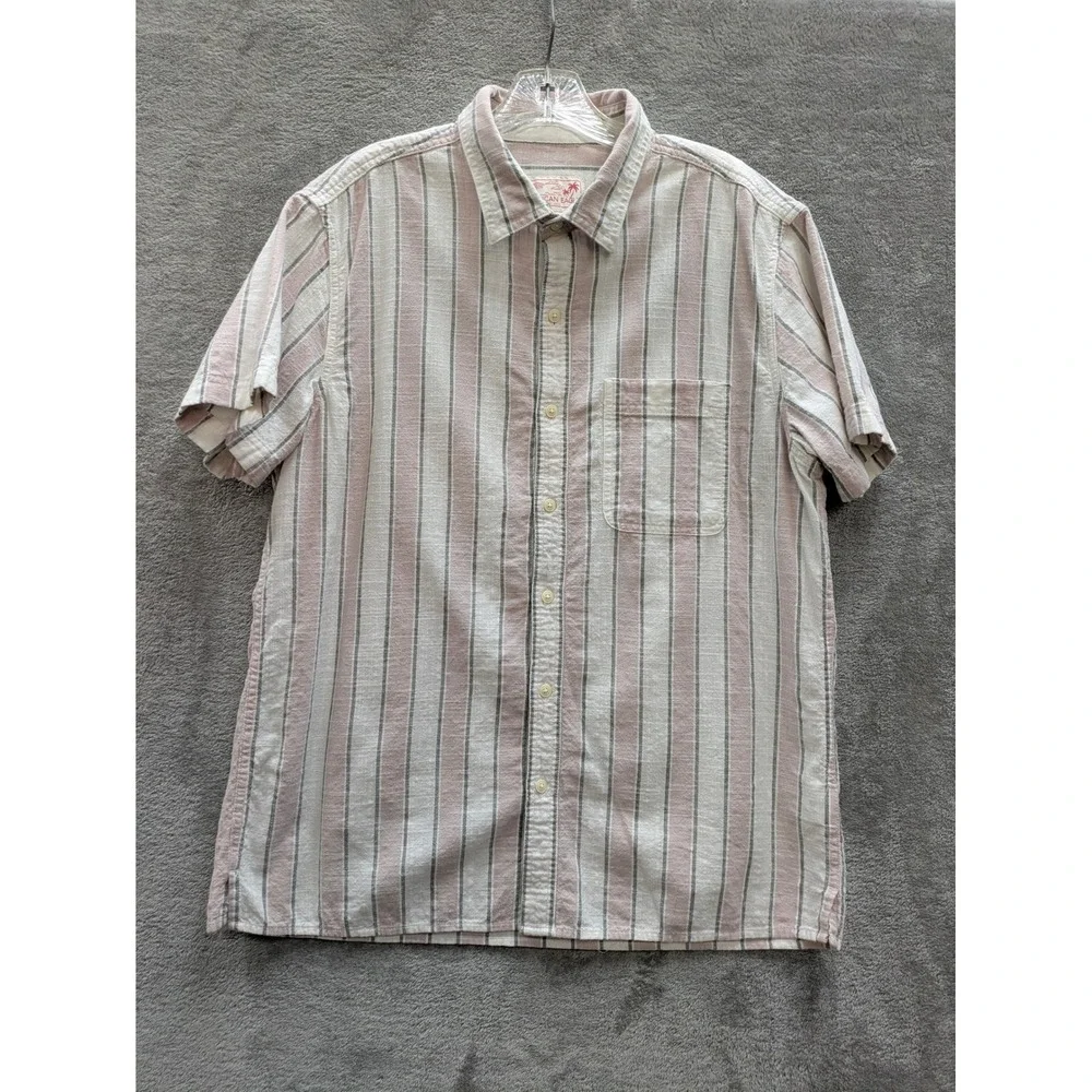 Coastal Beachy Button Up‎ Shirt Mens Large L Striped Cotton Short Sleeve